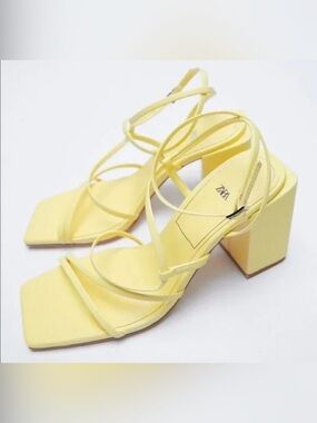 ZARA Pale Yellow Strappy Block Heel Sandals